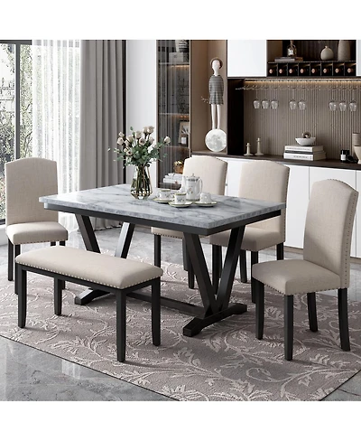 Streamdale Furniture 6 Piece Modern Dining Set with Marble Veneer Table and Bench