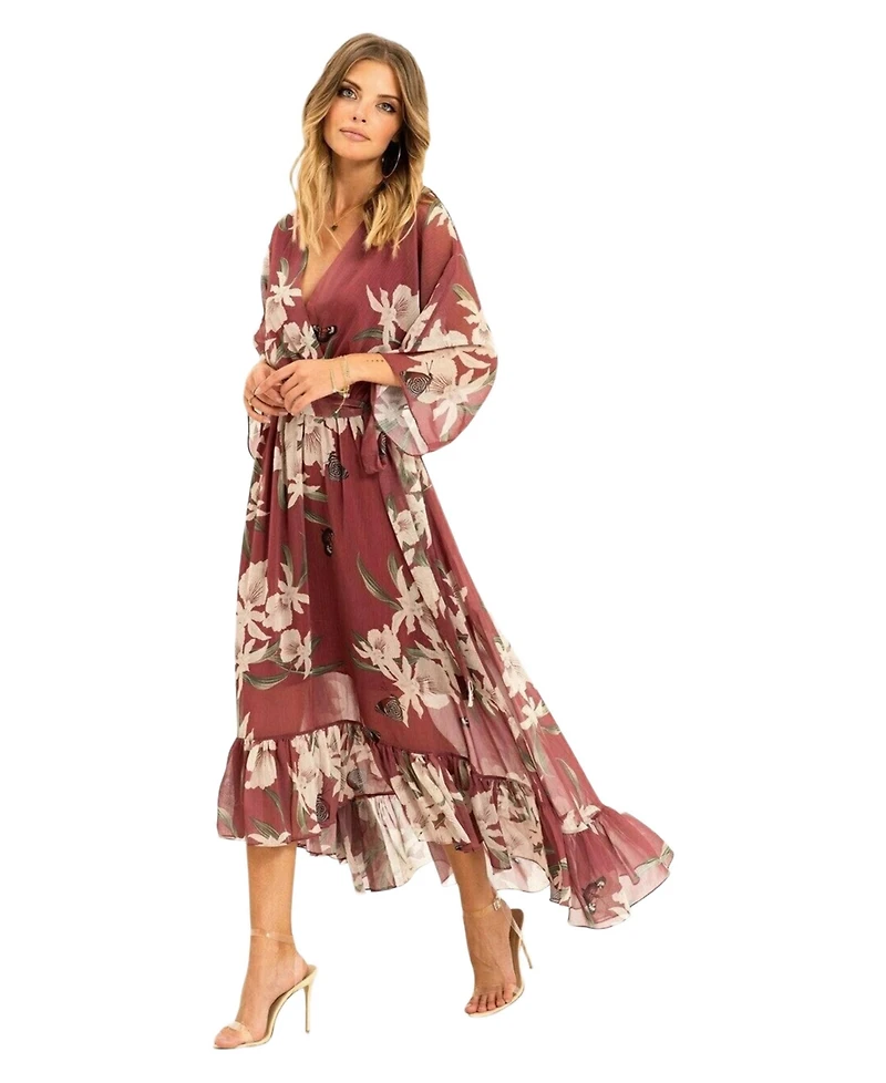 Yumi Women's Floral Print Midi Wrap Dress