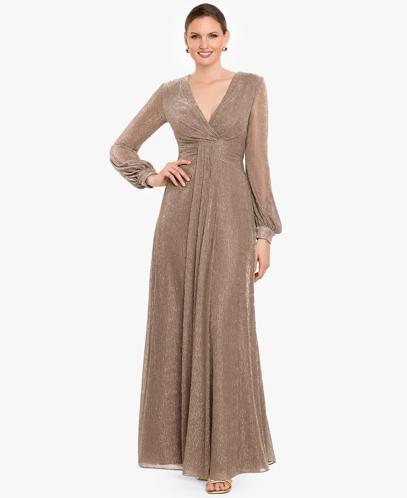 Betsy & Adam Women's Crinkled V-Neck Ball Gown