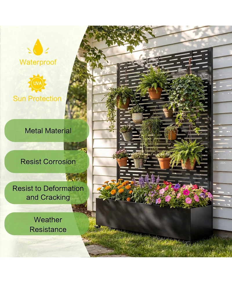 Streamdale Furniture Metal Raised Garden Bed with Wheels, Trellis, and Privacy Screen, 73"x47"x16