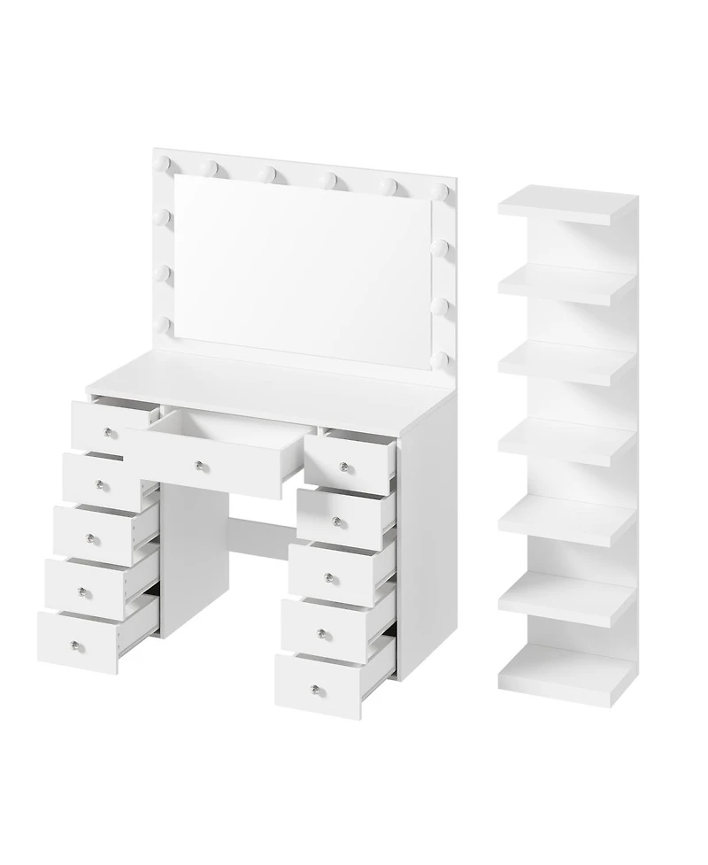 Streamdale Furniture Vanity Desk with 11 Hollywood Bulbs, 11 Drawers and 7-Tier Storage Shelves