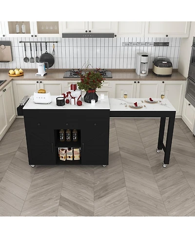Streamdale Furniture Kitchen Island with Extendable Table, Marble Top, Power Outlet and Storage