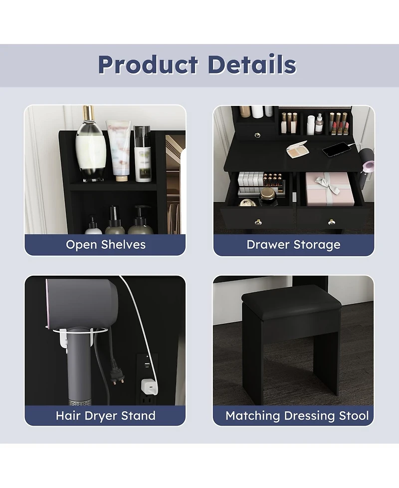 Streamdale Furniture Modern Vanity Desk with Led Mirror, 3 Drawers, Storage Shelves and Stool