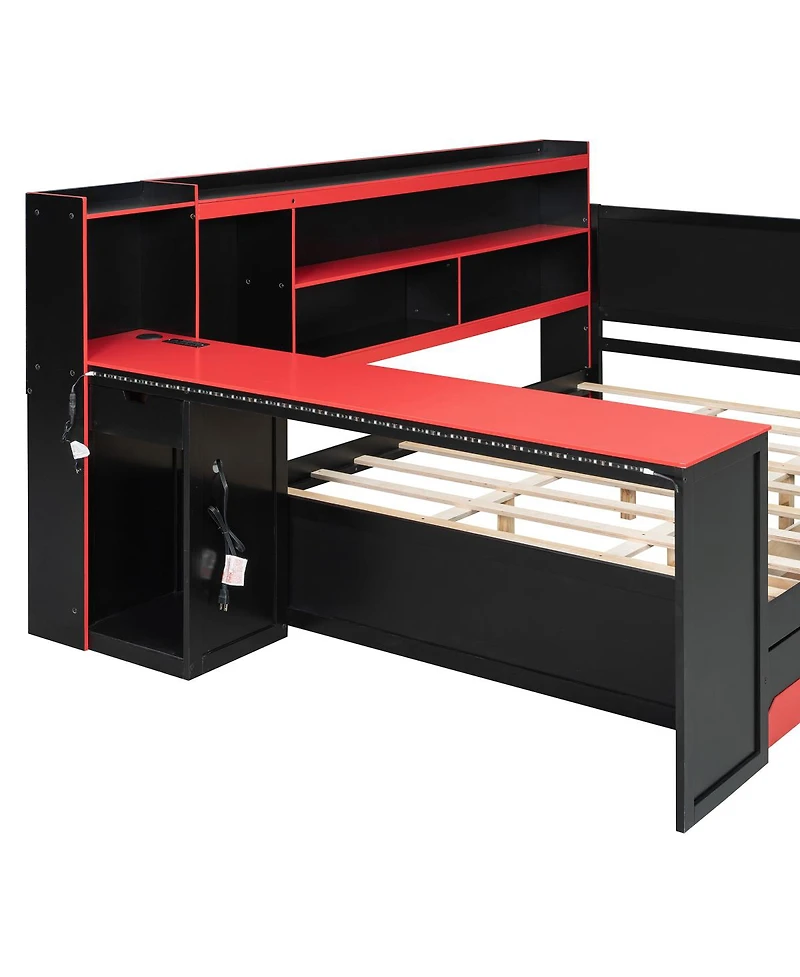 Streamdale Furniture Gaming Daybed with Desk, Storage, Lights and Charging Station