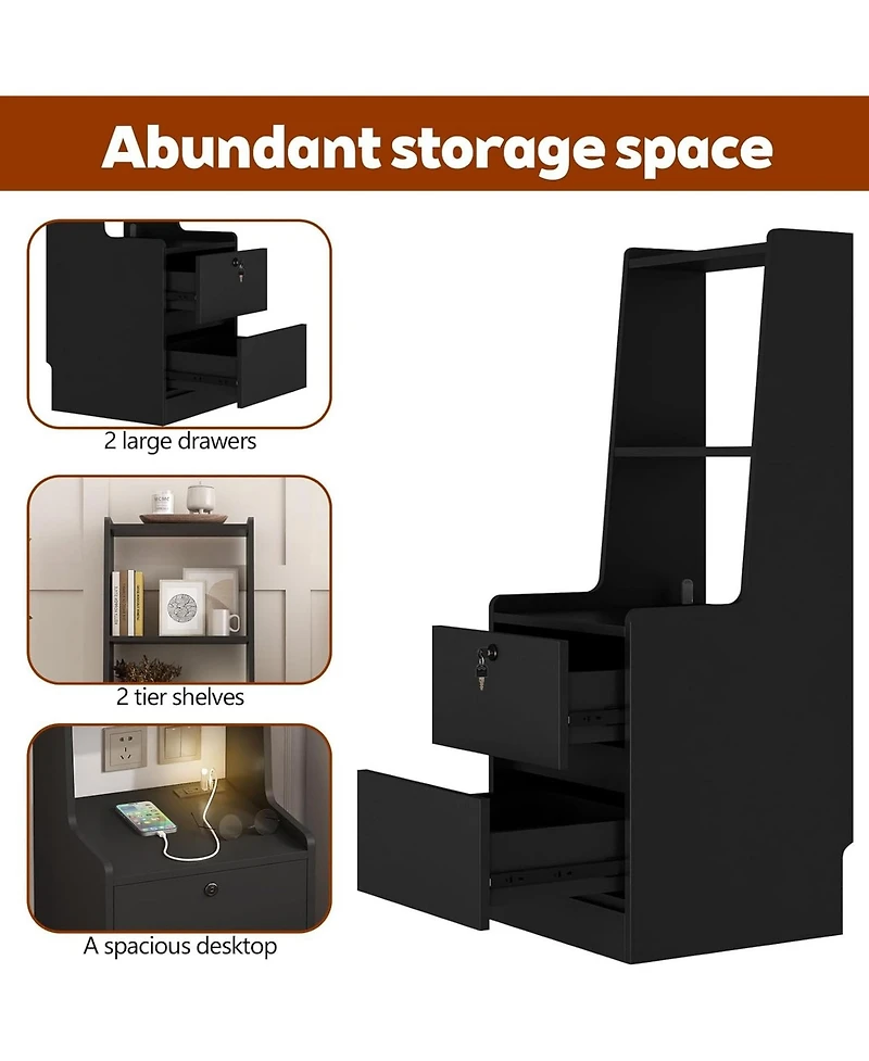 Rainsken Nightstand with Charging Station and Night Light, Lockable Bedside Cabinet Table with 2 Storage Drawers and Bookshelf for Bedroom