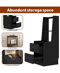 Rainsken Nightstand with Charging Station and Night Light, Lockable Bedside Cabinet Table with 2 Storage Drawers and Bookshelf for Bedroom