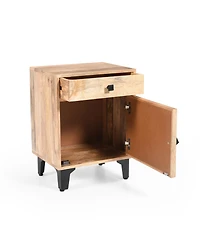 Rainsken Wood Nightstand, Hand-Carved Line Drawing Design, Bedside Table with Drawer and Metal Legs for Bedroom