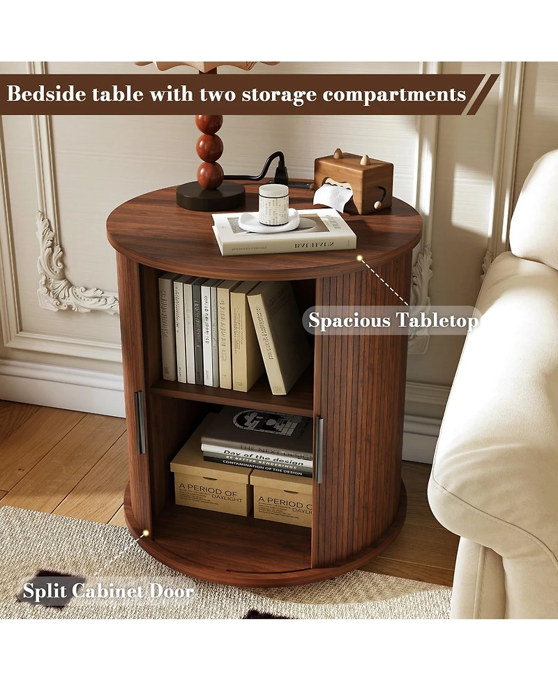Rainsken Cylinder Nightstand, Fluted Round End Table with Charging Station and Sliding Door, 2-Tier Storage Bedside Table for Living Room, Bedroom
