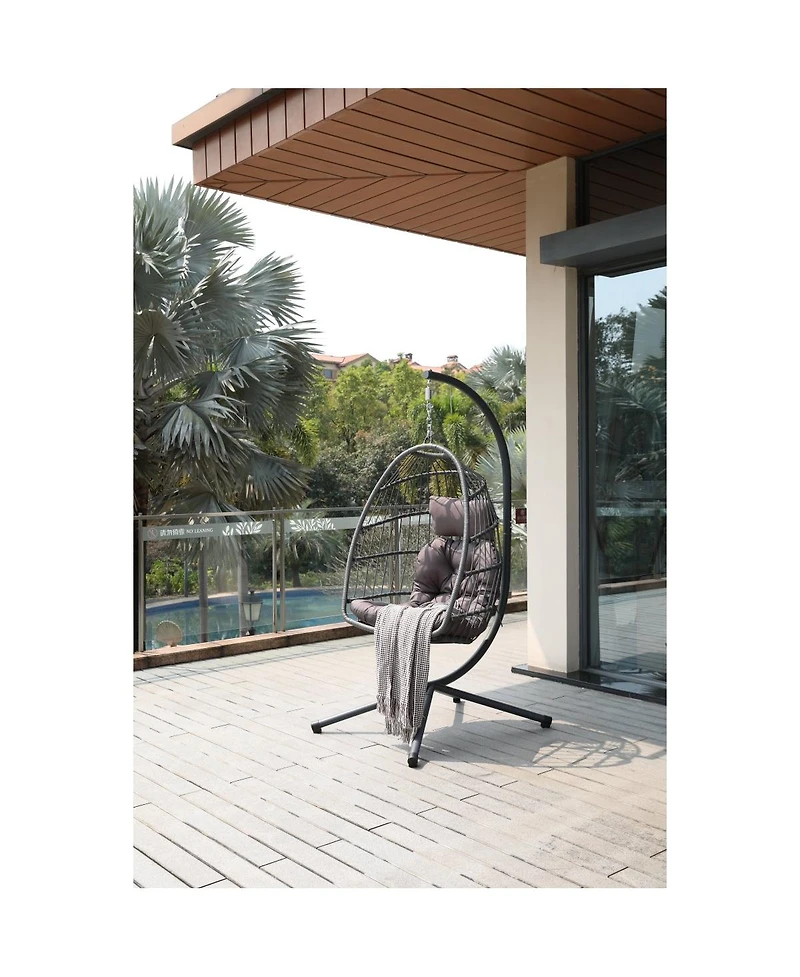 Streamdale Furniture Foldable Wicker Hanging Egg Chair with Stand and Cushions