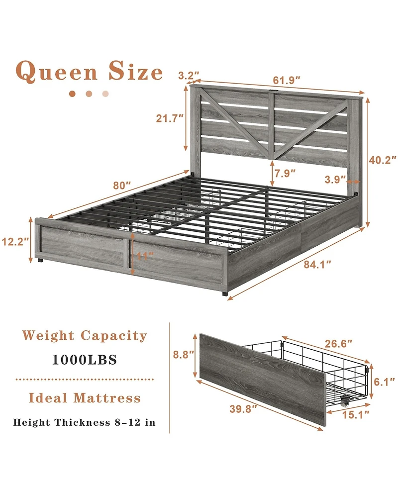 Lucky One Queen-size Storage Bed Frame with Storage Headboard 4 Storage Drawers on Bed Body ,Led