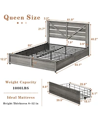 Lucky One Queen-size Storage Bed Frame with Storage Headboard 4 Storage Drawers on Bed Body ,Led