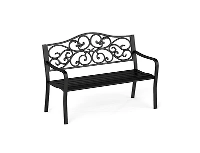 Mondawe 50 Inches Outdoor Cast Iron Metal Patio Bench with Floral Design Backrest and Slatted Seat