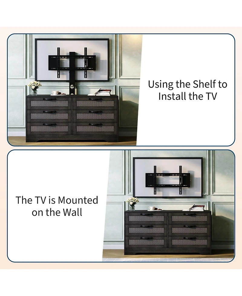 gaomon 47.2 Rattan Tv Stand with Mount for TVs 32–85", Modern Media Console with 6 Rattan Drawers and Adjustable Bracket