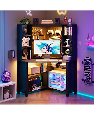 Vlsrka 35×35 Inch Pentagonal Corner Desk, Led Lighting and Usb Ports