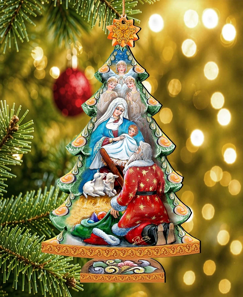 Designocracy Adoration Nativity Tree Christmas Wooden Ornaments Holiday Decor Set of 2 G. DeBrekht