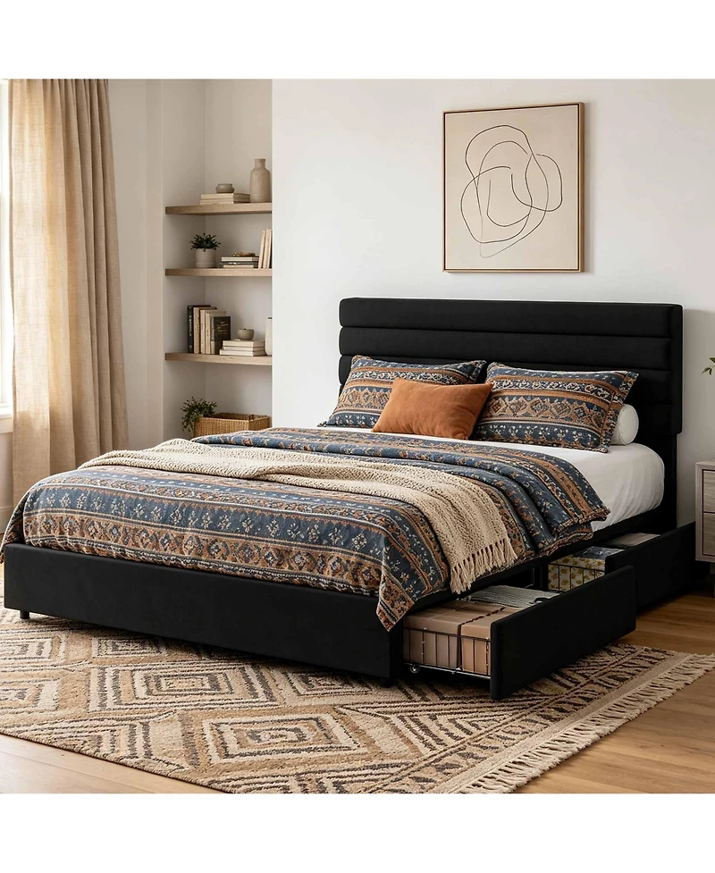 gaomon Velvet Upholstered Storage Bed with 4 Drawers - Platform Frame Soft Headboard, No Box Spring Needed, 800 lbs Capacity