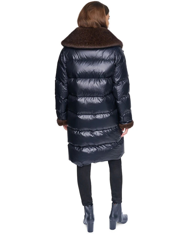 Halston Women's Long Faux Fur Cuff and Collared Puffer