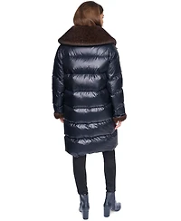 Halston Women's Long Faux Fur Cuff and Collared Puffer