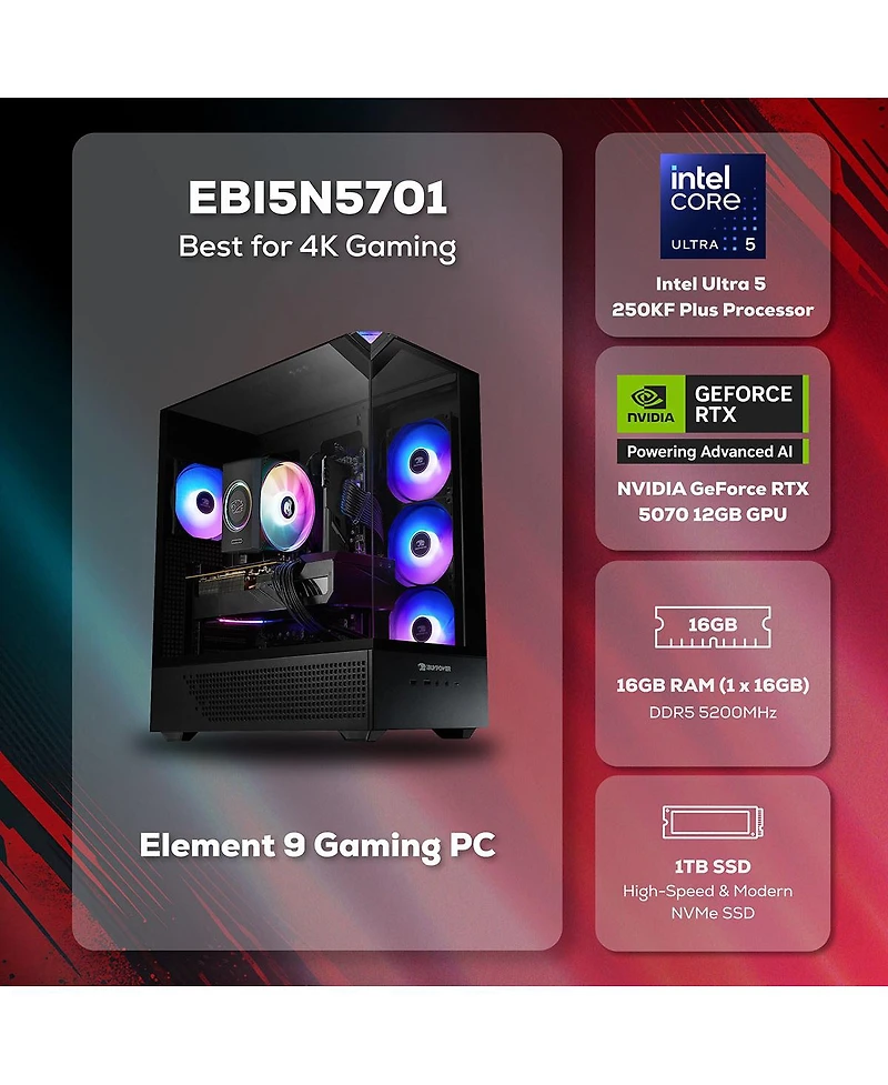 iBUYPOWER Element EBI5N5701 Gaming Desktop Computer, Intel Core Ultra 5 250KF Plus 4.2GHz, 16GB Ram, 1TB Ssd, Nvidia GeForce Rtx 5070 12GB, Windows 11