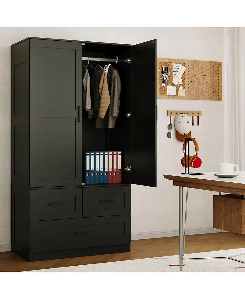 gaomon Freestanding Wardrobe Closet with Hanging Rod and 3 Drawers, 70" Tall Wooden Storage Cabinet for Bedroom