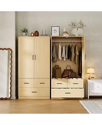 gaomon Freestanding Wardrobe Closet with Hanging Rod and 3 Drawers, 70" Tall Wooden Storage Cabinet for Bedroom