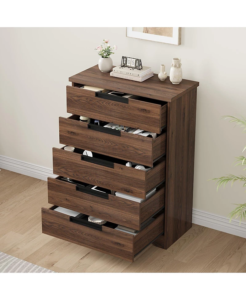 gaomon 5 Drawer Dresser With Embedded Handles, Walnut Wooden Chest For Bedroom, Living Room, Nursery, Hallway