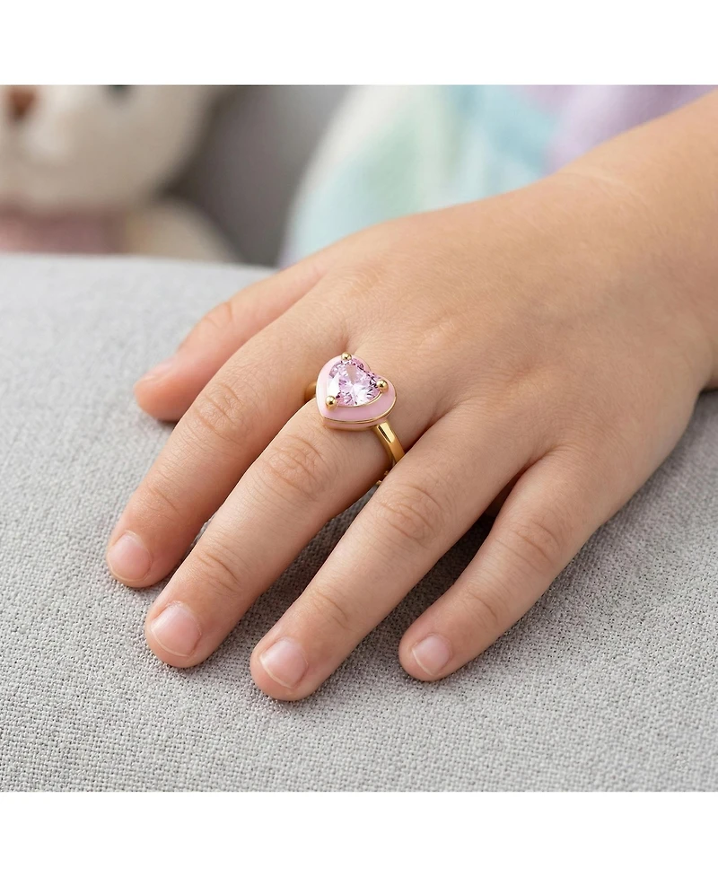 GiGiGirl Teens 14k Gold Plated with Pink Cubic Zirconia & Enamel Halo Heart Stacking Ring