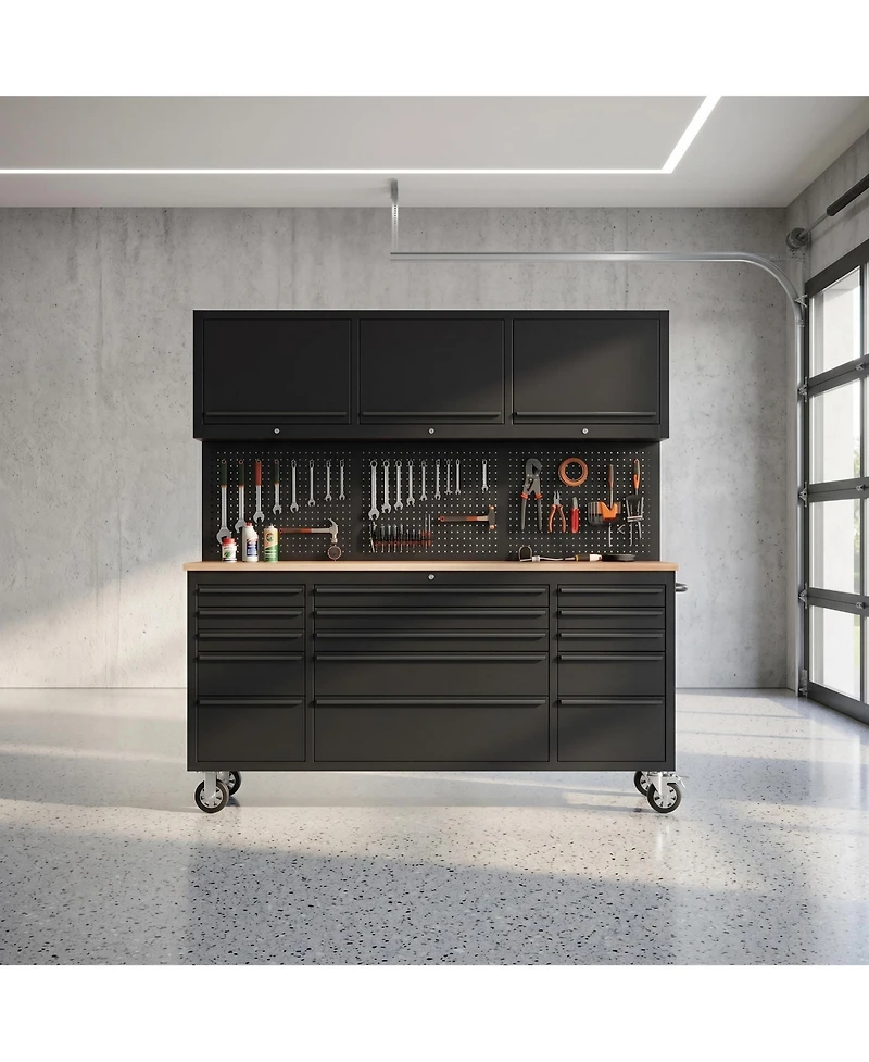 homfan 72 Inch 15 Drawer Workbench with 3 Locking Top Cabinets, Heavy Duty Steel and Rubber Wood Tool Chest