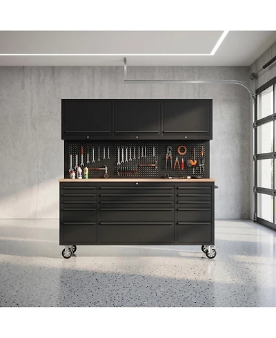 homfan 72 Inch 15 Drawer Workbench with 3 Locking Top Cabinets, Heavy Duty Steel and Rubber Wood Tool Chest