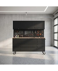 homfan 72 Inch 15 Drawer Workbench with 3 Locking Top Cabinets, Heavy Duty Steel and Rubber Wood Tool Chest
