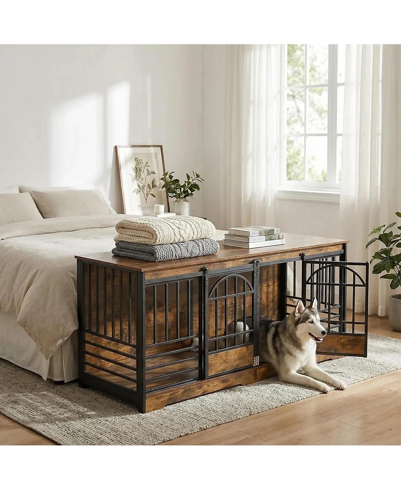 Gaomon Extra Large Double Dog Crate Wooden Kennel with Divider , End Table Tv Stand for X-Large Breeds