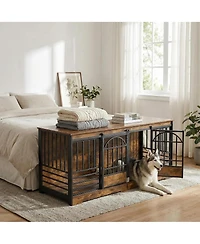 Gaomon Extra Large Double Dog Crate Wooden Kennel with Divider , End Table Tv Stand for X-Large Breeds