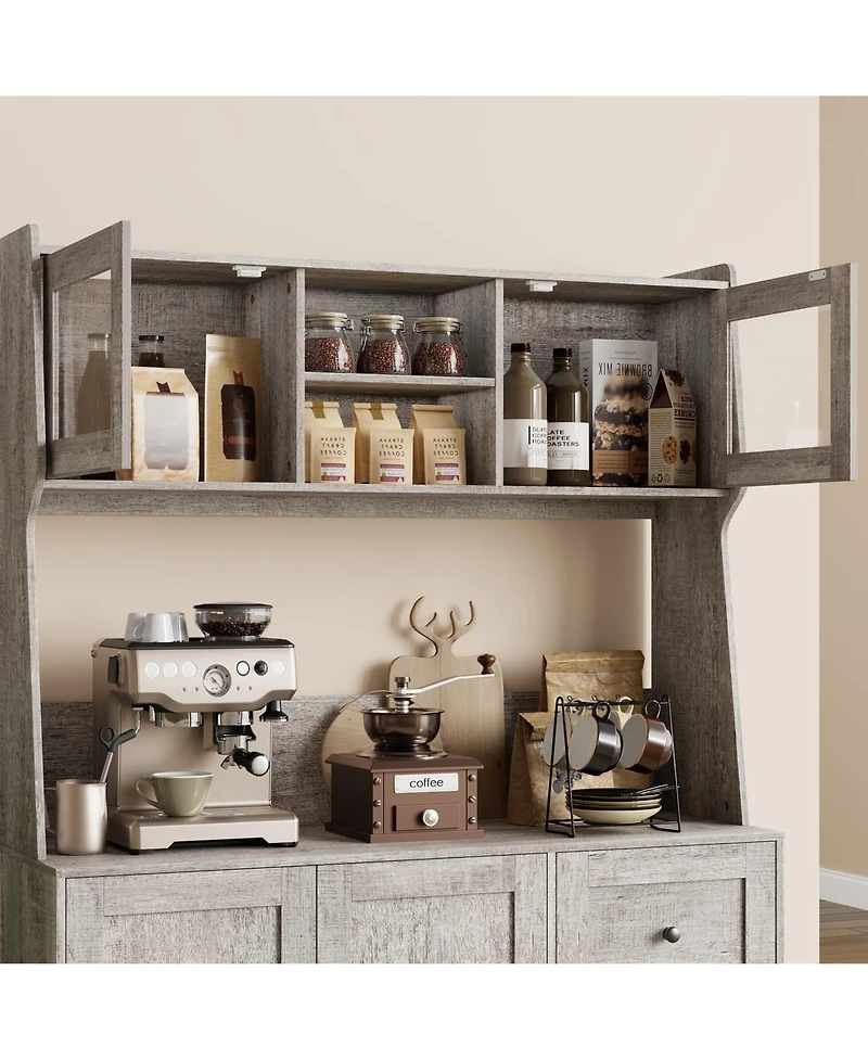 homfan 67inch Farmhouse Pantry Cabinet with Microwave Shelf, Kitchen Hutch Storage Cabinet, 3 Drawers and Glass Doors, Coffee Bar Station