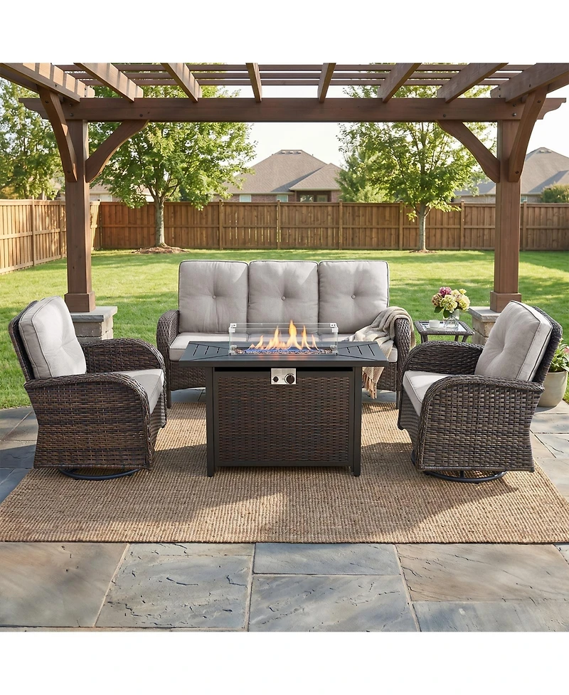 Pocassy Patio Furniture Set with Fire Pit Table, Wicker Outdoor Sectional Sofa Swivel Rocker Chairs, All-Weather Rattan Conversation