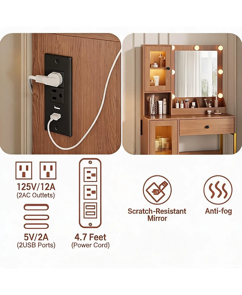 homfan Vanity Desk With Mirror Lights Dressing Table Adjustable Bulbs Outlets and Usb Ports Mdf Top Metal Leg Storage Drawers & Cabinets