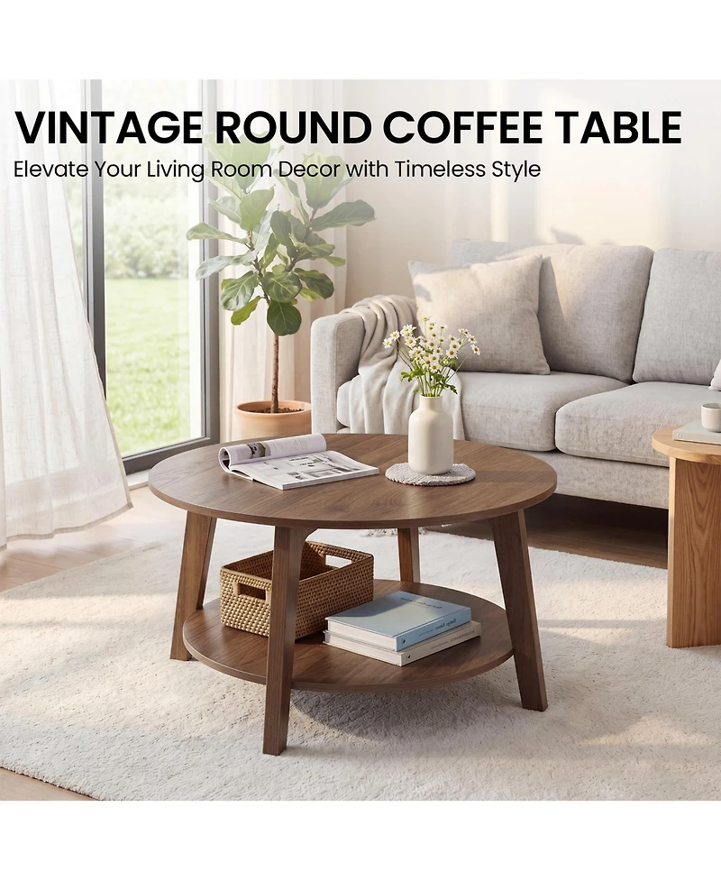 Gaomon 2-Tier Modern Round Coffee Table with Storage Shelf for Living Room, Wooden Accent Table with Curved Legs