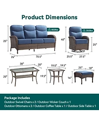 Pocassy Patio Furniture Set Wicker Conversation Rocking Bistro with Sofa, Coffee Table, Tempered Glass Side Table and Ottoman