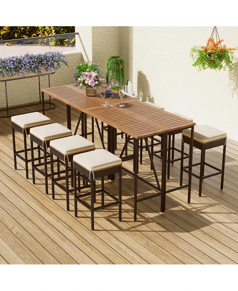 Streamdale Furniture Piece Acacia Wood and Wicker Outdoor Bar Height Dining Set with Cushions