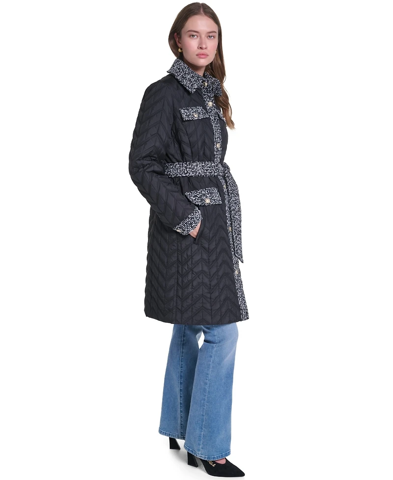 Karl Lagerfeld Paris Womens Long Quilted Tweed-Trim Coat