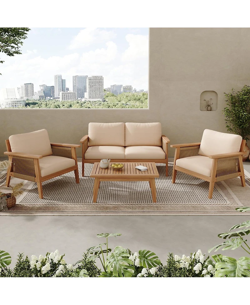 Streamdale Furniture Outdoor Acacia Wood and Rope Sectional Patio Sofa Set
