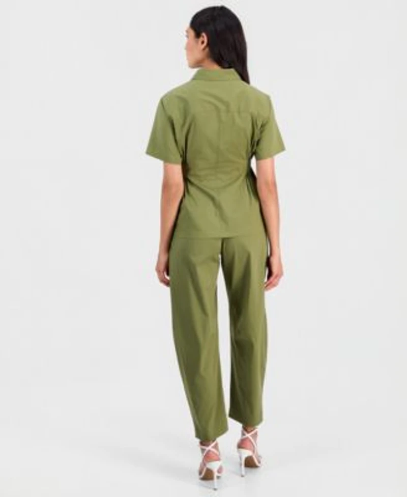 Anne Klein Womens Side Pleat Button Front Shirt Pull On Barrel Leg Ankle Pants