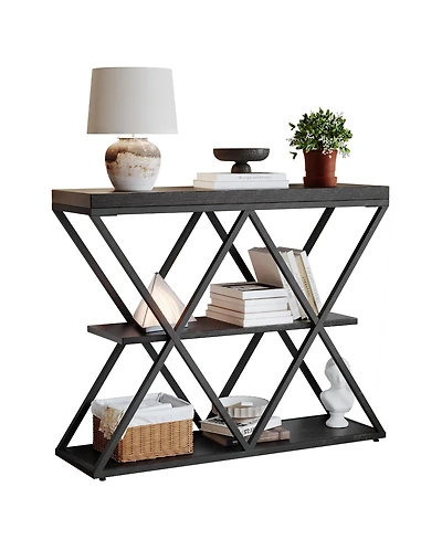 homfan Industrial 3-Tier Entryway Console Table with X-Shaped Metal Frame, Open Shelves and Adjustable Feet
