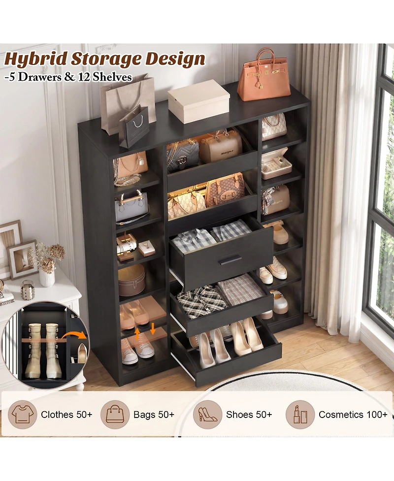 Aheaplus Wooden Shoes Cabinet with Led Lights, Freestanding Closet Organizer Drawer and Shelves