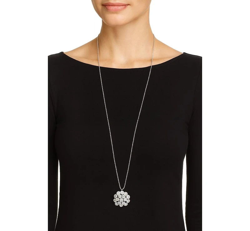 Cubic Zirconia Long Rhodium Flower Pendant