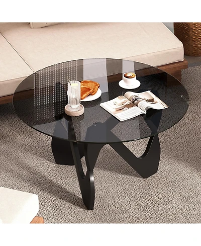 Vlsrka Modern Round Glass Coffee Table, Sculptural Cutout Base Design