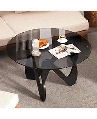 Vlsrka Modern Round Glass Coffee Table, Sculptural Cutout Base Design