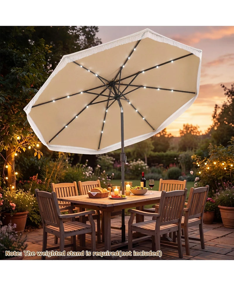 Gymax 9FT Solar Patio Umbrella w/24 Led Lights Fringe Push Button Tilt Crank Handle