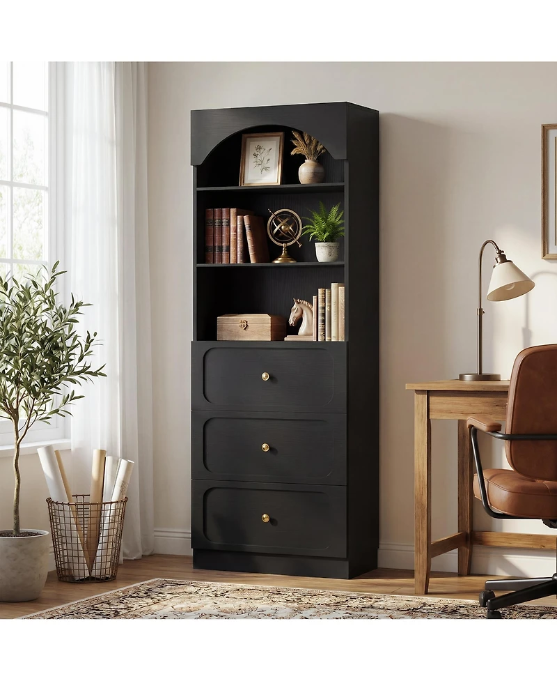 Aheaplus Wooden Pantry Storage Cabinets with 3-Tier Open Shelves, 80" Tall Bookshelf 3 Drawers