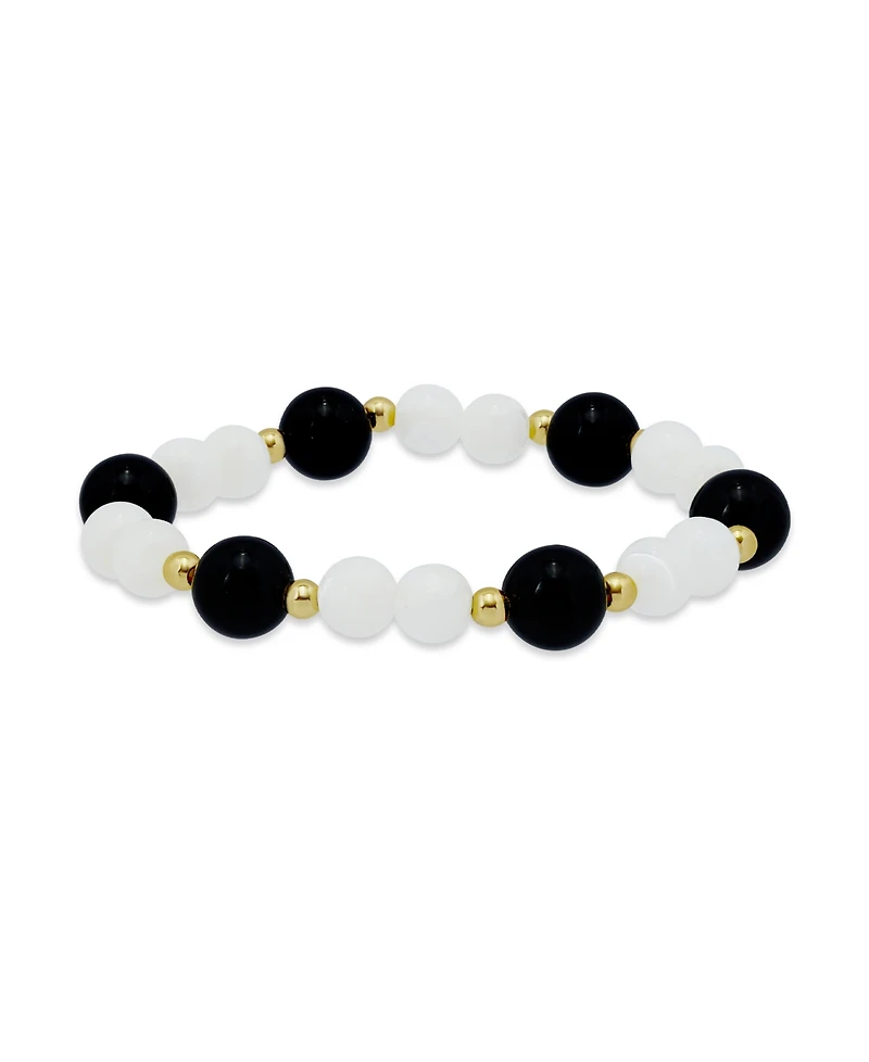 Macy's 14k Gold-Plated Over Brass Onyx Beads Imitation Pearl Stretch Bracelet