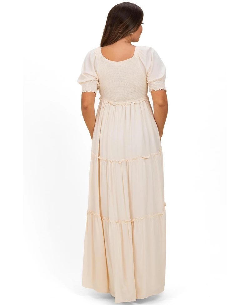 Pinkblush Maternity Cream V-Neck Smocked Tiered Maxi Dresses